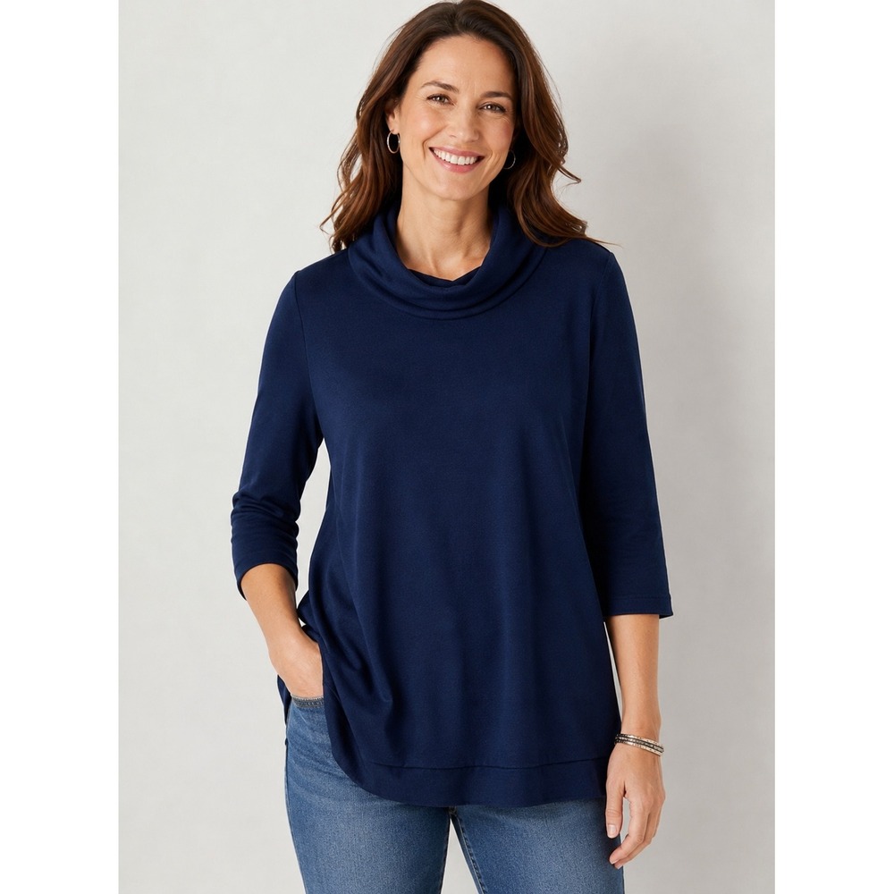 J Jill Navy Blue Cowl Neck Tunic Sweater Layered Hem 3/4 Sleeve Knit Top M